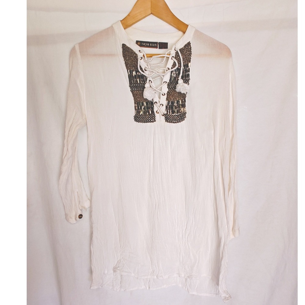 Raya Sun Tunic Top Size S White Beaded Lace Up Boho Long‎ Sleeve Cotton Rayon